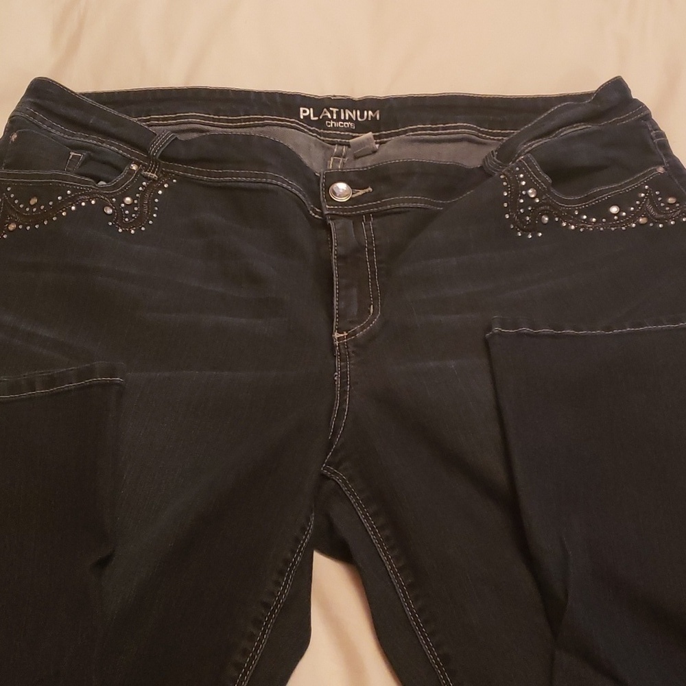 Chico's Jeans Platinum Dark denim Boot cut with Rhinstone pockets